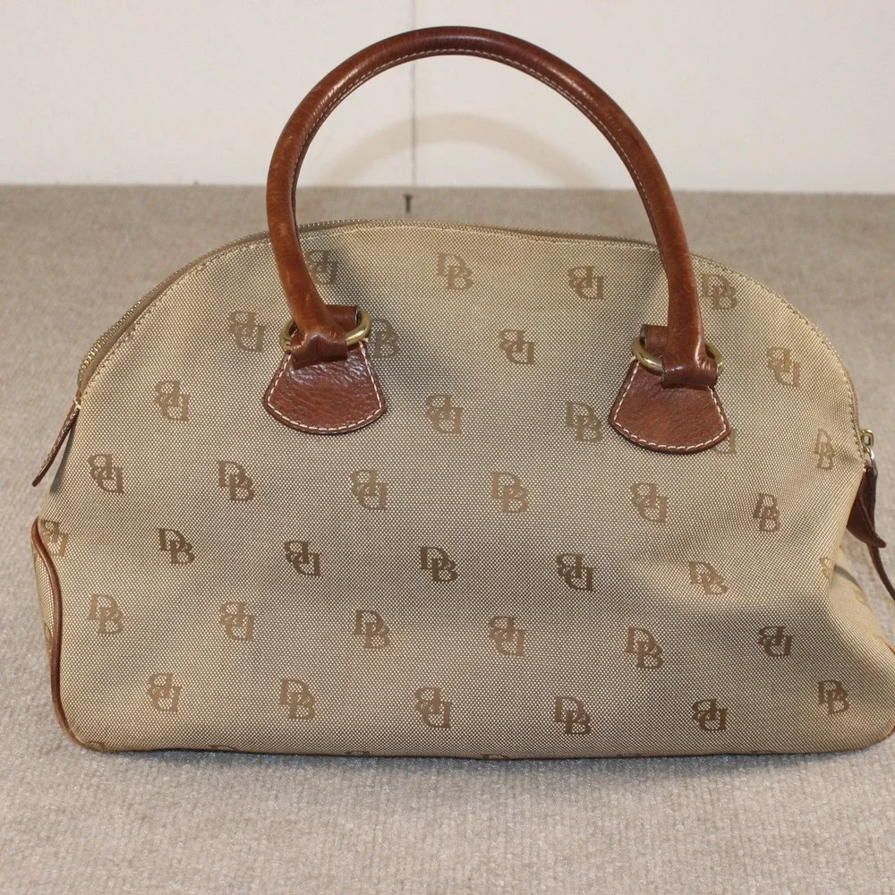 Dooney & Bourke Monogram Canvas Satchel Bag Tan Brown Leather Trim Dome Handbag
